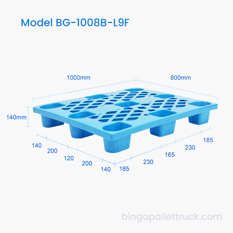 ইন্ডাস্ট্রিয়াল স্টোরেজের জন্য 1000x800mm ইনজেকশন মোল্ডেড প্লাস্টিক প্যালেট লাইটওয়েট 9-লেগ প্যালেট