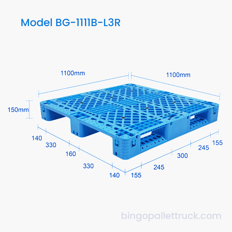 সরবরাহের জন্য ইস্পাত শক্তিবৃদ্ধি সহ 1100x1100mm প্লাস্টিক প্যালেট 3 রানার