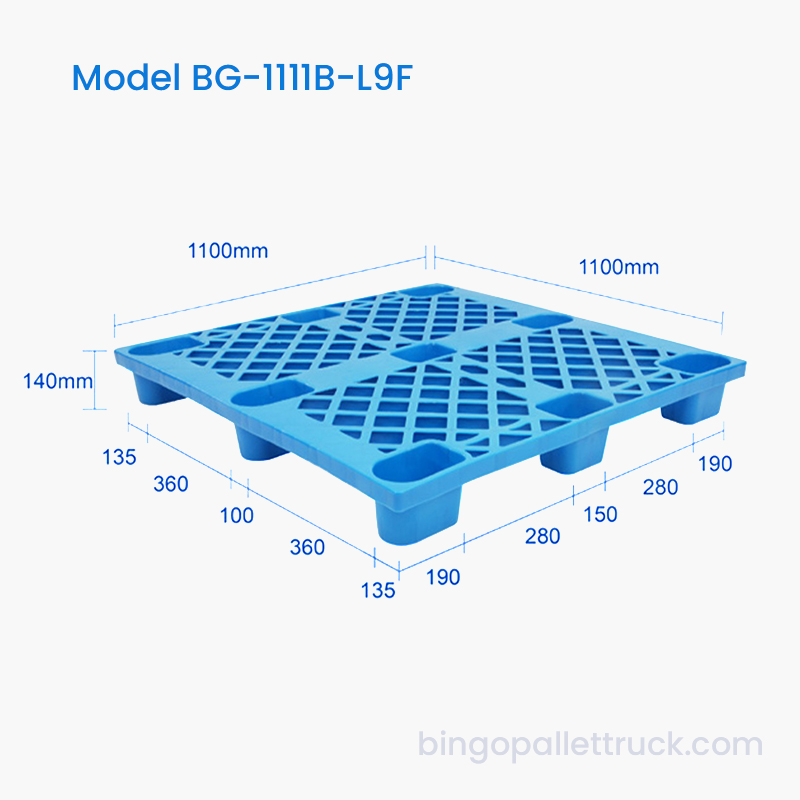 1100x1100mm 9-লেগ প্লাস্টিক প্যালেট প্যালেট জ্যাক এবং ফর্কলিফ্ট ব্যবহারের জন্য অপ্টিমাইজ করা হয়েছে