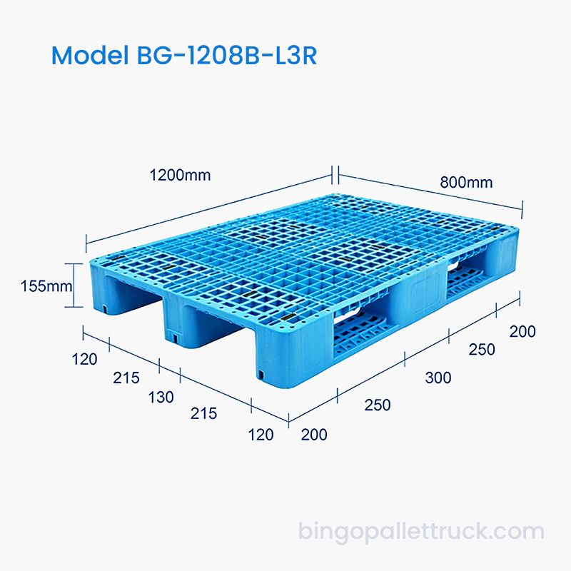 দীর্ঘ পরিষেবা জীবন সহ উচ্চ শক্তি 1200x800mm 3-রানার প্লাস্টিক প্যালেট